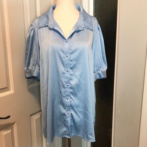 NWOT~ Puff Sleeve Baby Blue Satin Button-Up Blouse